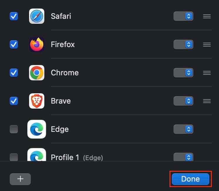 Selecting which browsers appear in the Velja prompt.