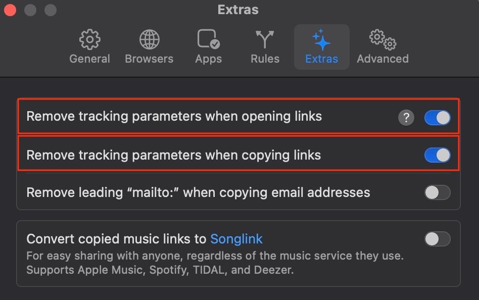 Setting Velja to remove tracking parameters when opening and copying links.