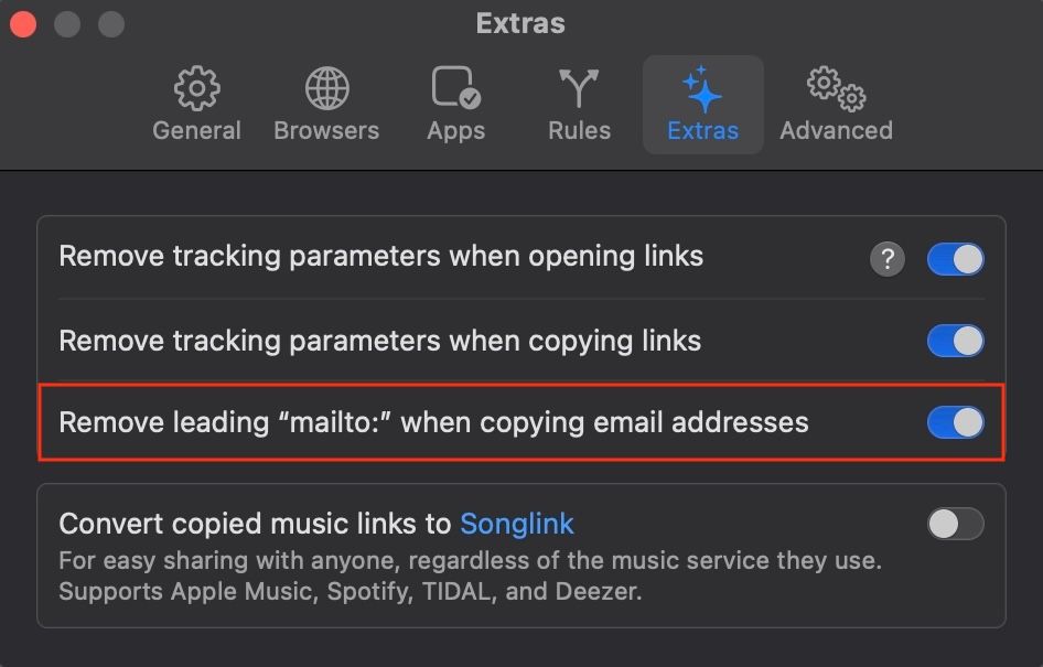 Setting Velja to remove the mailto scheme when copying email addresses.