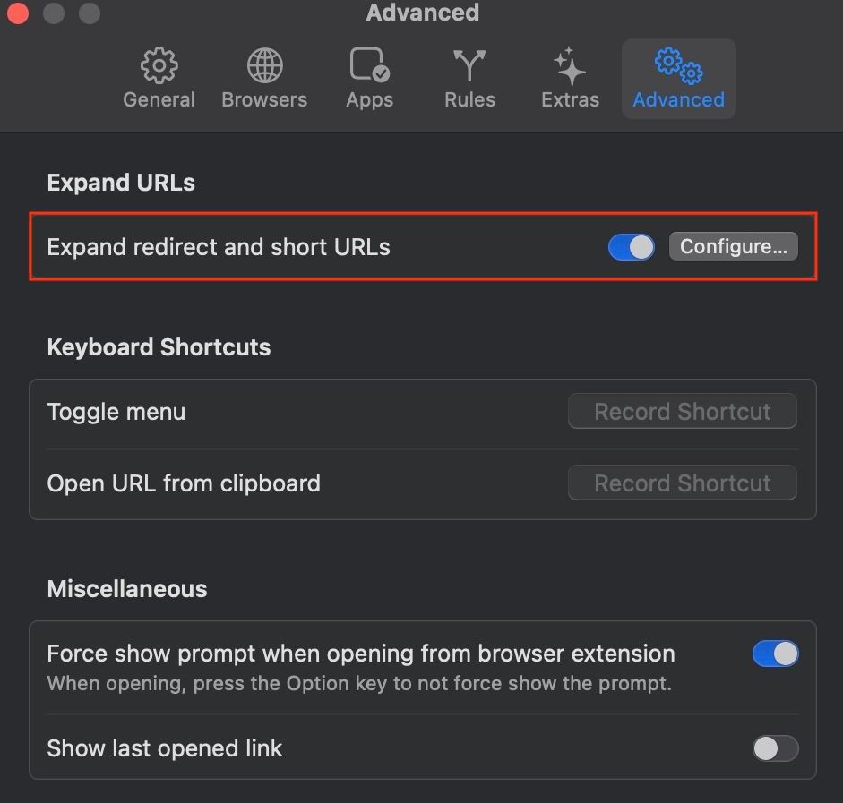 Setting Velja to expand redirect and short URLs.