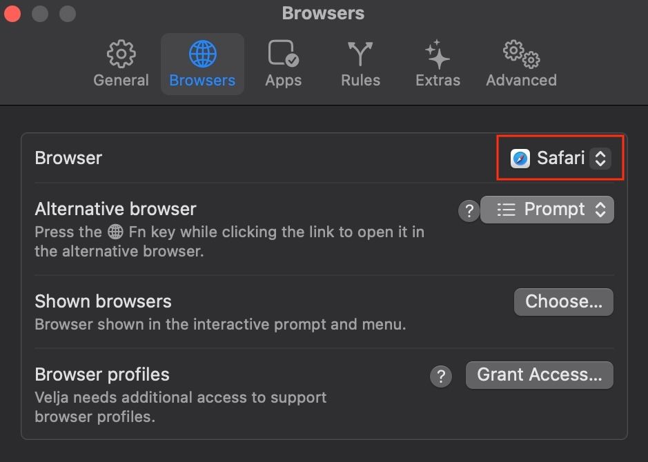 Browser settings in the Velja app.