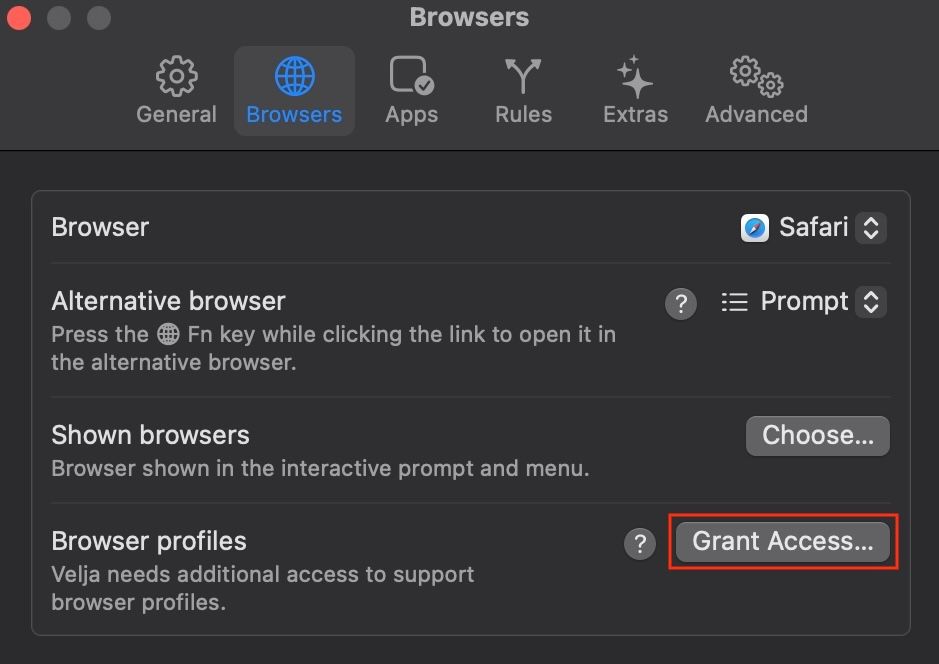 Grant Access button in Velja settings.