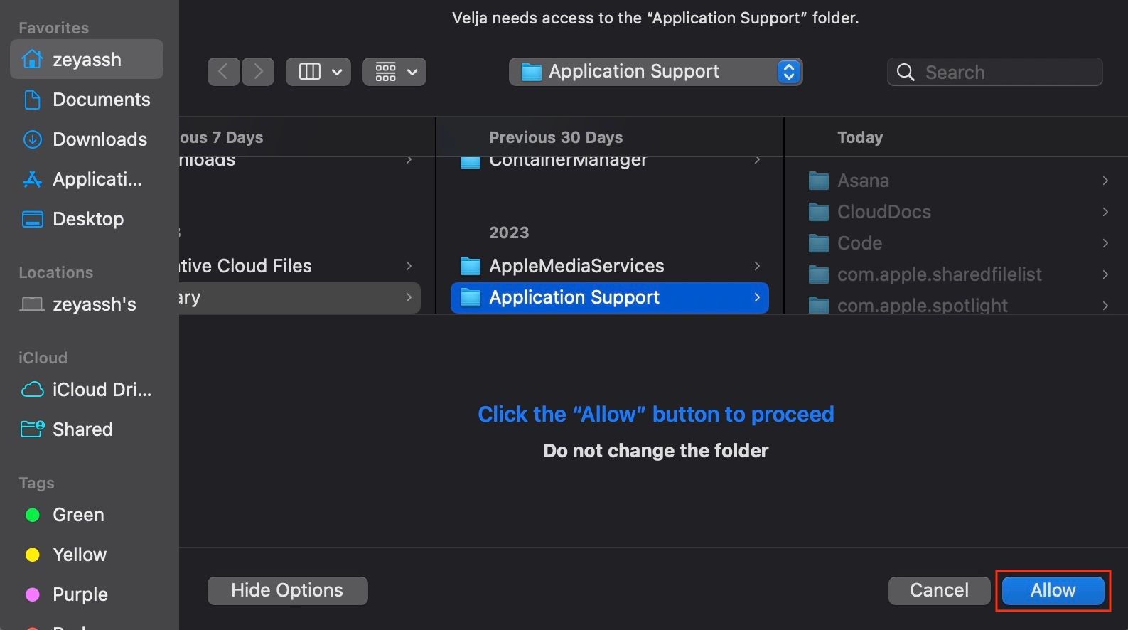 Allowing Velja to access the Application Support folder in macOS.