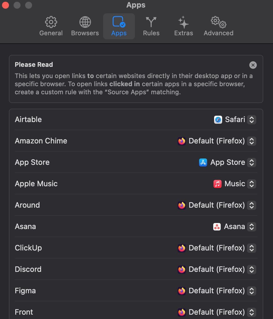 Apps settings tab in Velja.