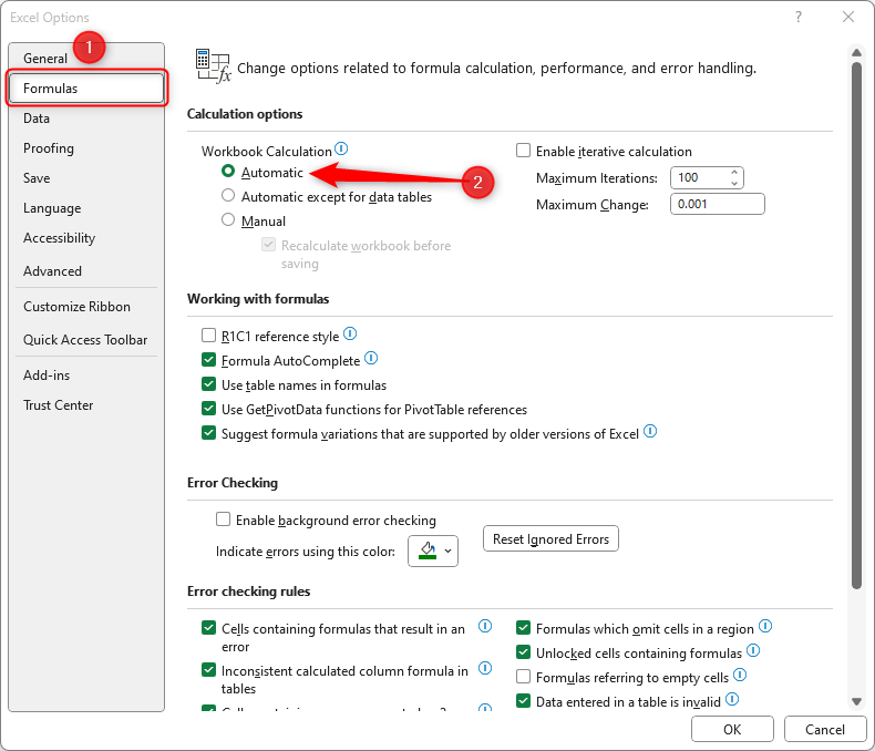 Excel's options for automatic calculations, accessed through 'File', 'Options', and 'Formulas'.