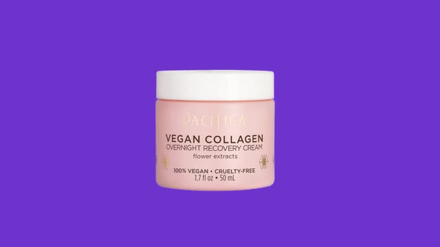 Pink bottle holding vegan collagen cream on a purple background