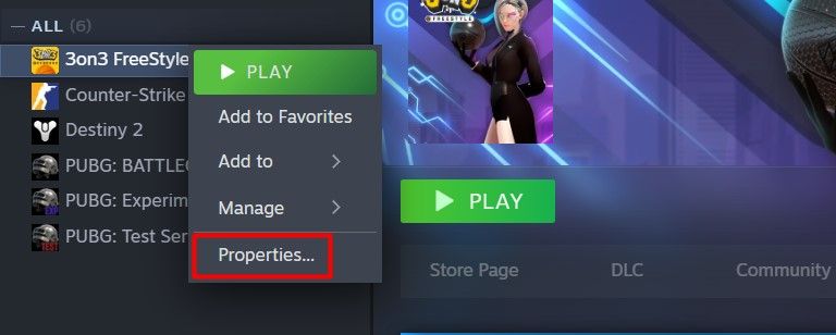 Properties option in game context menu.