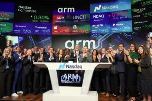 Arm CEO Rene Haas and executives cheer, as Softbank's Arm, chip design firm, holds an initial public offering (IPO) at Nasdaq Market site in New York