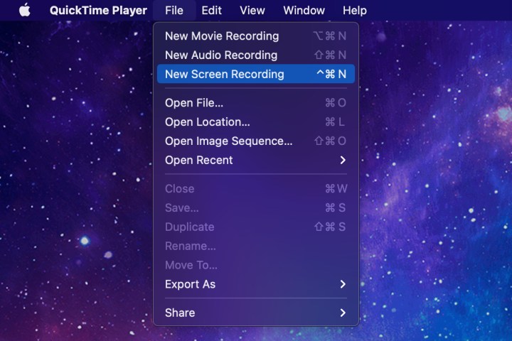 Selecting New Screen Recording option in QuickTime Player.