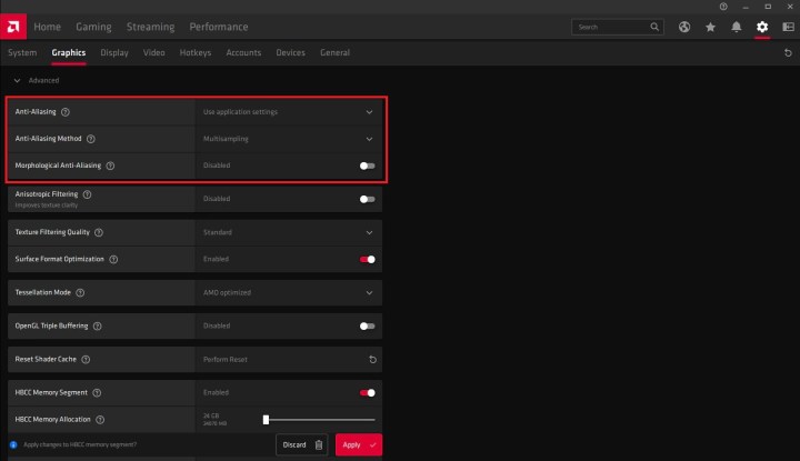 Anti-aliasing settings on Radeon Software.