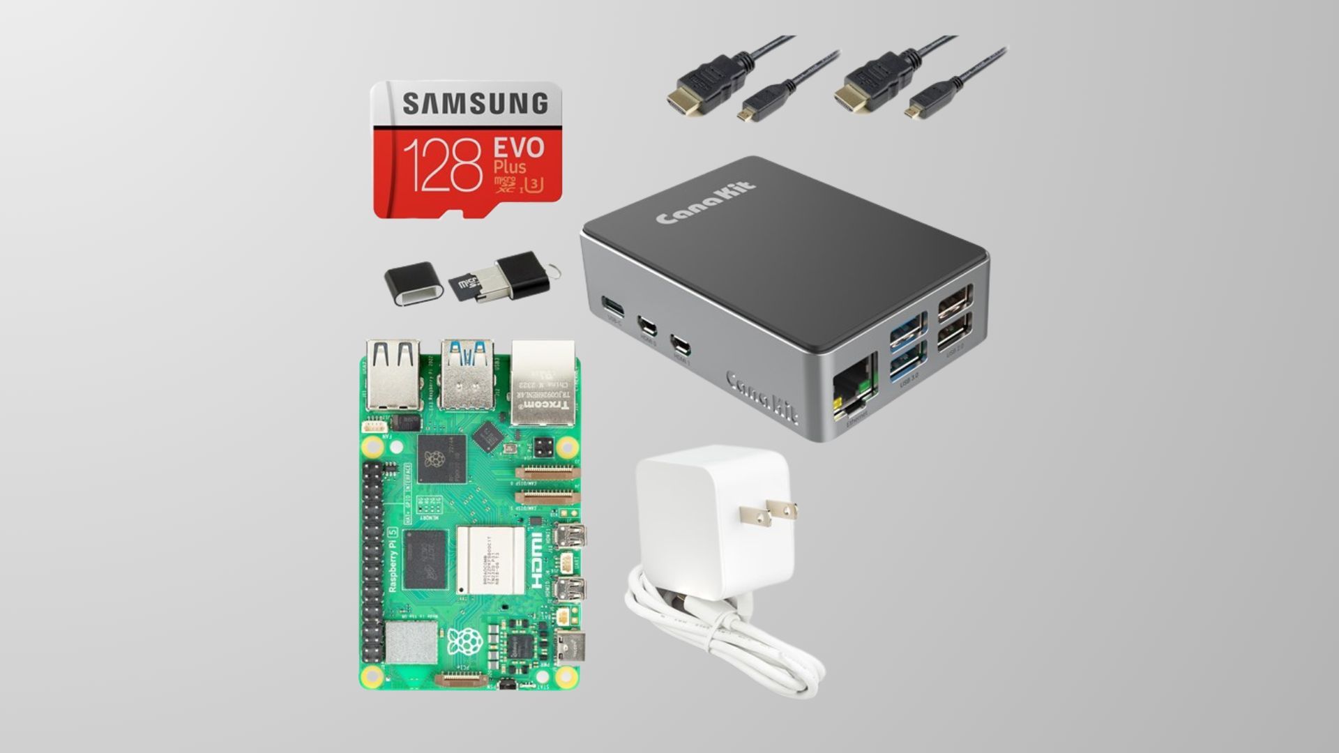 Raspberry Pi CanaKit with power unit, microSD card, aluminum case, and HDMI cords