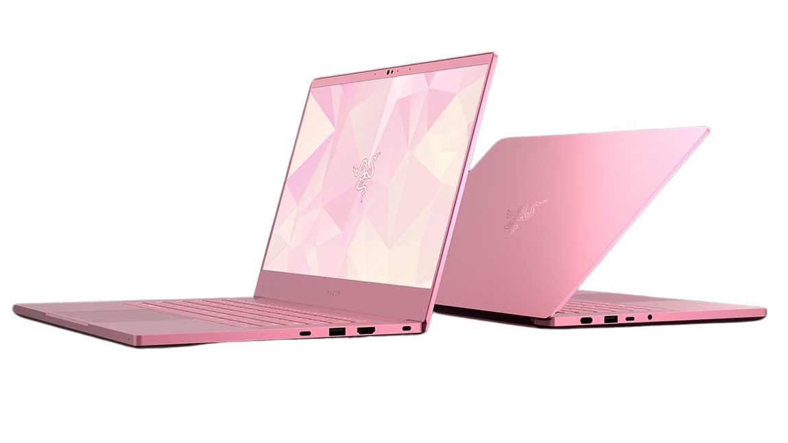 Razer Blade 14 2022 in Quartz color, shown in angled front and angled back views