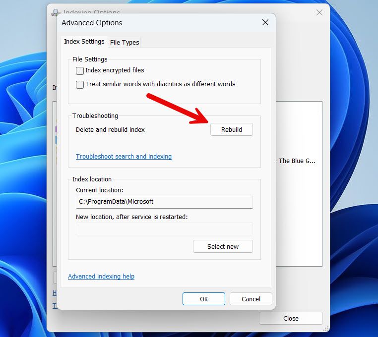 Rebuidling the index on Windows 11.