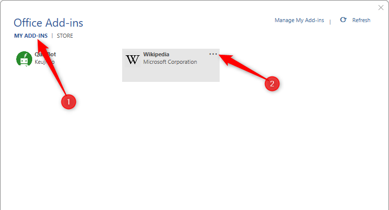 'Office Add-ins' window, highlighting the 'My Add-ins' tab and the three dots to click to remove the add-in.
