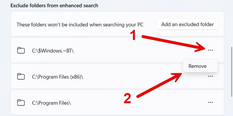 Removing an excluded folder on Windows 11.