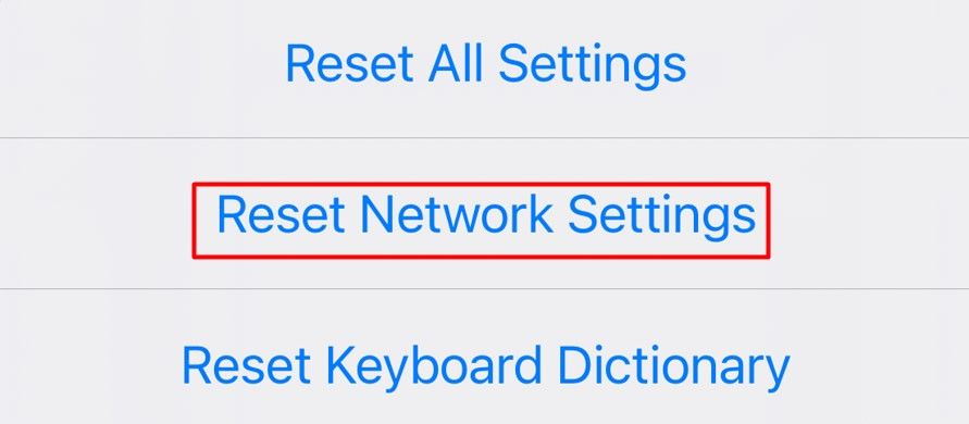 Reset Network Settings option on iPhone Settings app.