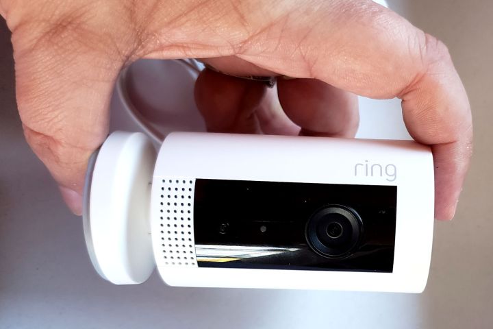 A Ring indoor cam on a table.