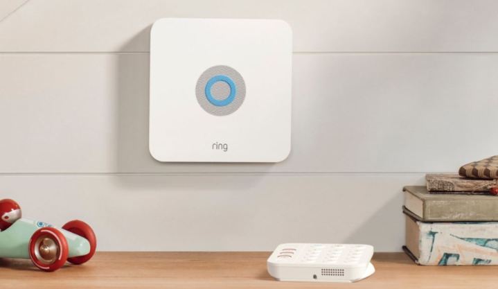 The square Ring Alarm device, mounted on a wall.