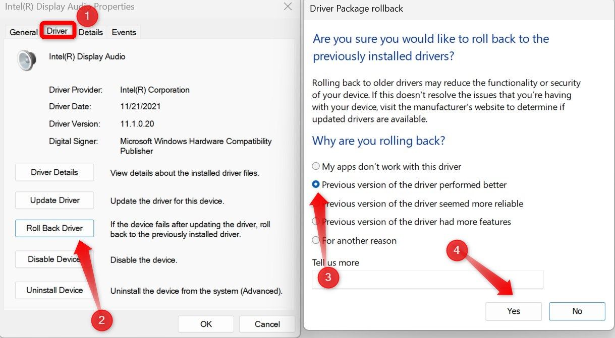 Rolling back the audio driver update from Device Manager on Windows.