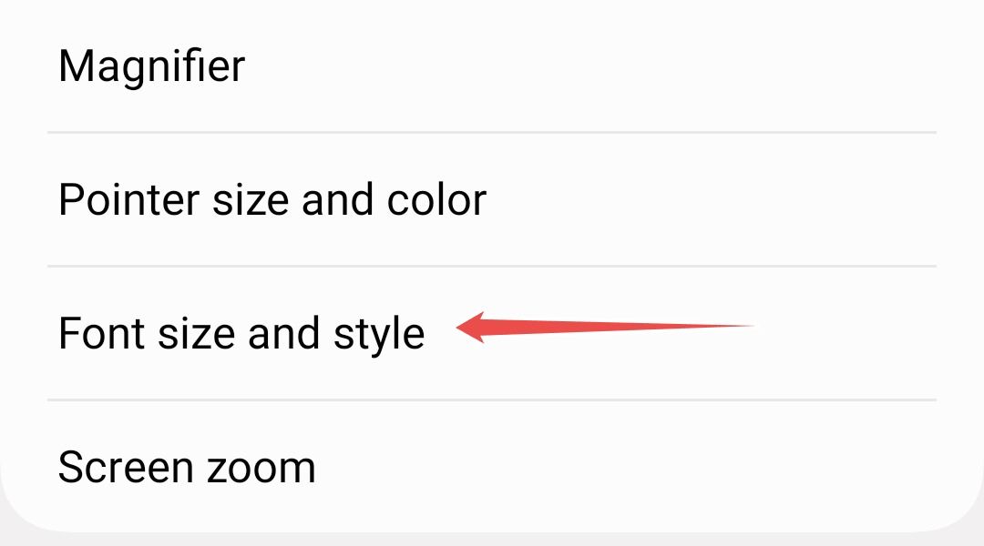 Samsung Accessibility Font size and style menu