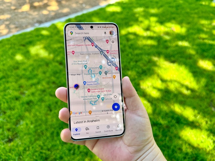 Samsung Galaxy S24 in Marble Gray showing Google Maps.