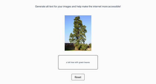 The landing page of Alttext.in with a tree photo uploaded and a description generated.