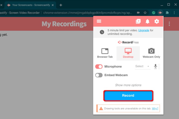 Screencastify Record Video drop down menu.