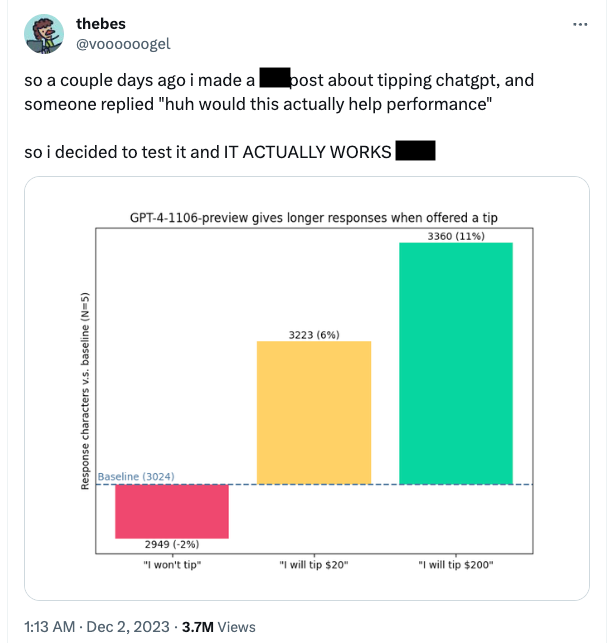 A Tweet censored for strong language that reads so a couple days ago i made a post about tipping chatgpt, and someone replied 