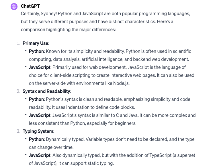 An excerpt from an answer given by ChatGPT to a Polite question about JavaScript And Python