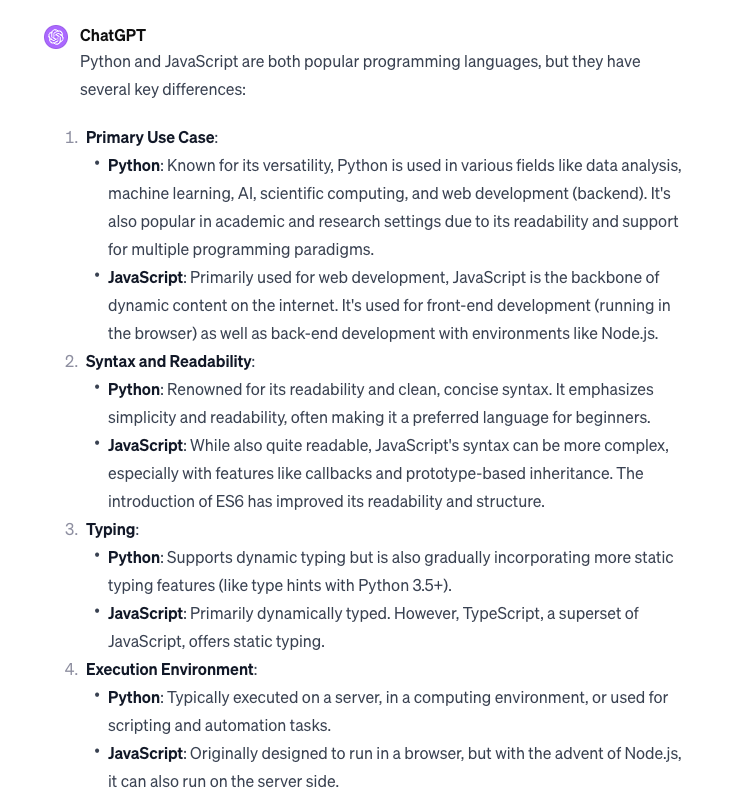 An excerpt from an answer given by ChatGPT to a Neutral question about JavaScript And Python