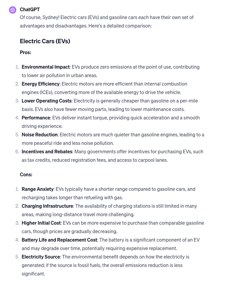 An excerpt from a response by ChatGPT to a polite question about electric and gasoline cars