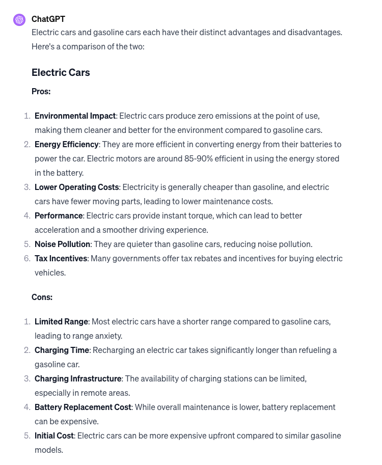 An excerpt from a response by ChatGPT to a neutral question about electric and gasoline cars