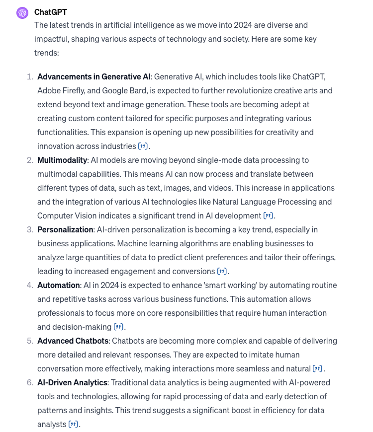 An excerpt from a response by ChatGPT to a neutral question about AI trends