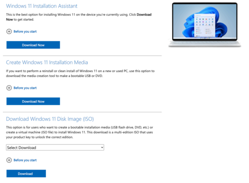 The Windows 11 Download Page showing options to download the Installation Assistant, Media Creator, or an ISO file.