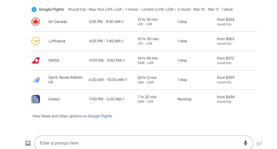 Gemini showing various flight options for a round trip