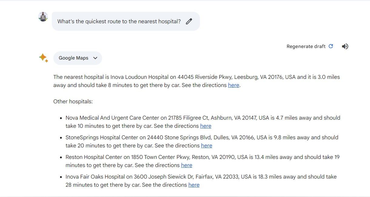 Gemini showing directions and estimated travel times to various nearby hospitals