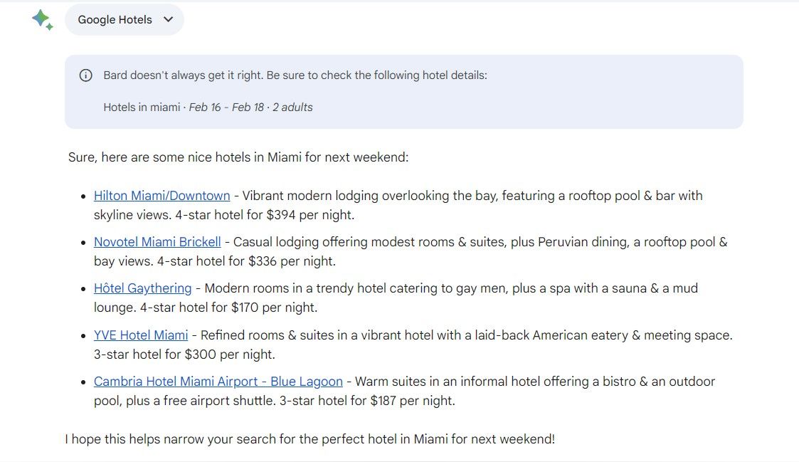 Gemini showing a list of hotel options in Miami 