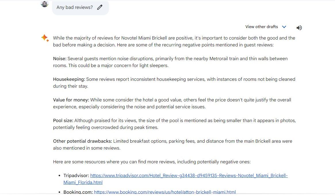 Gemini displaying negative reviews of a hotel