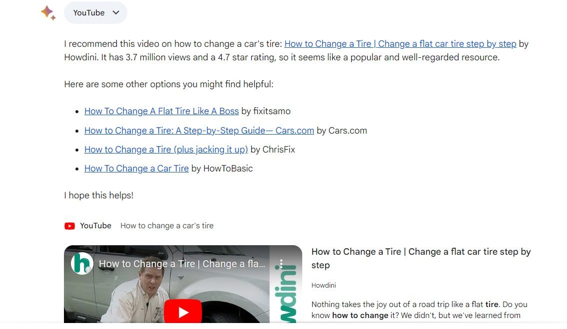 Gemini's recommendations for videos on how to change a car’s tire