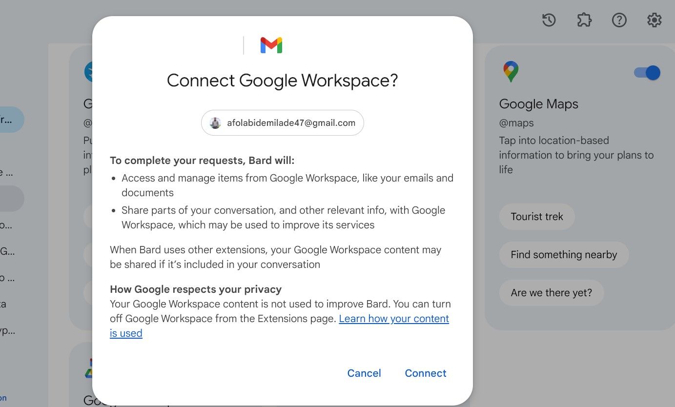 A pop-up window asking Gemini to connect Google Workspace