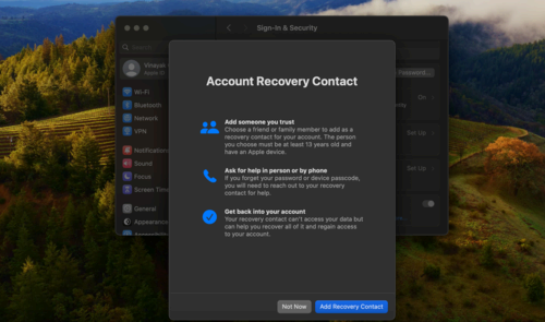 Pop up window that explains how to set up an account recovery contact reset your password via account recovery