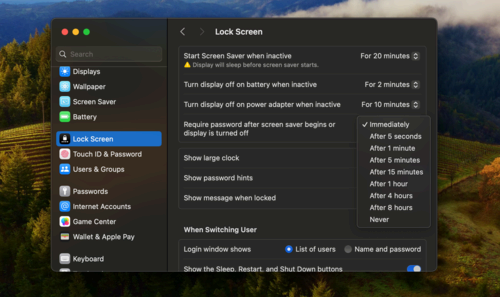 Changing lock screen settings so a password is required upon your Mac waking up