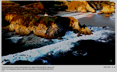 AI-generated imagte of a drone view of waves crashing against the rugged cliffs along Big Sur’s garay point beach. 