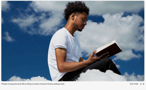 AI-generated iamge of a young man at his 20s is sitting on a piece of cloud in the sky, reading a book.