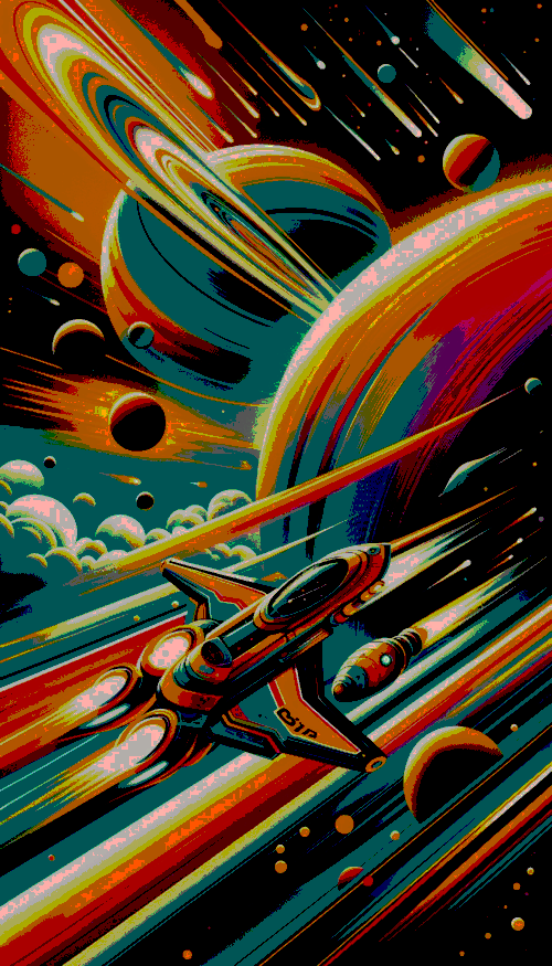 A 70s-style sci-fi space scene generated by DALL-E 3