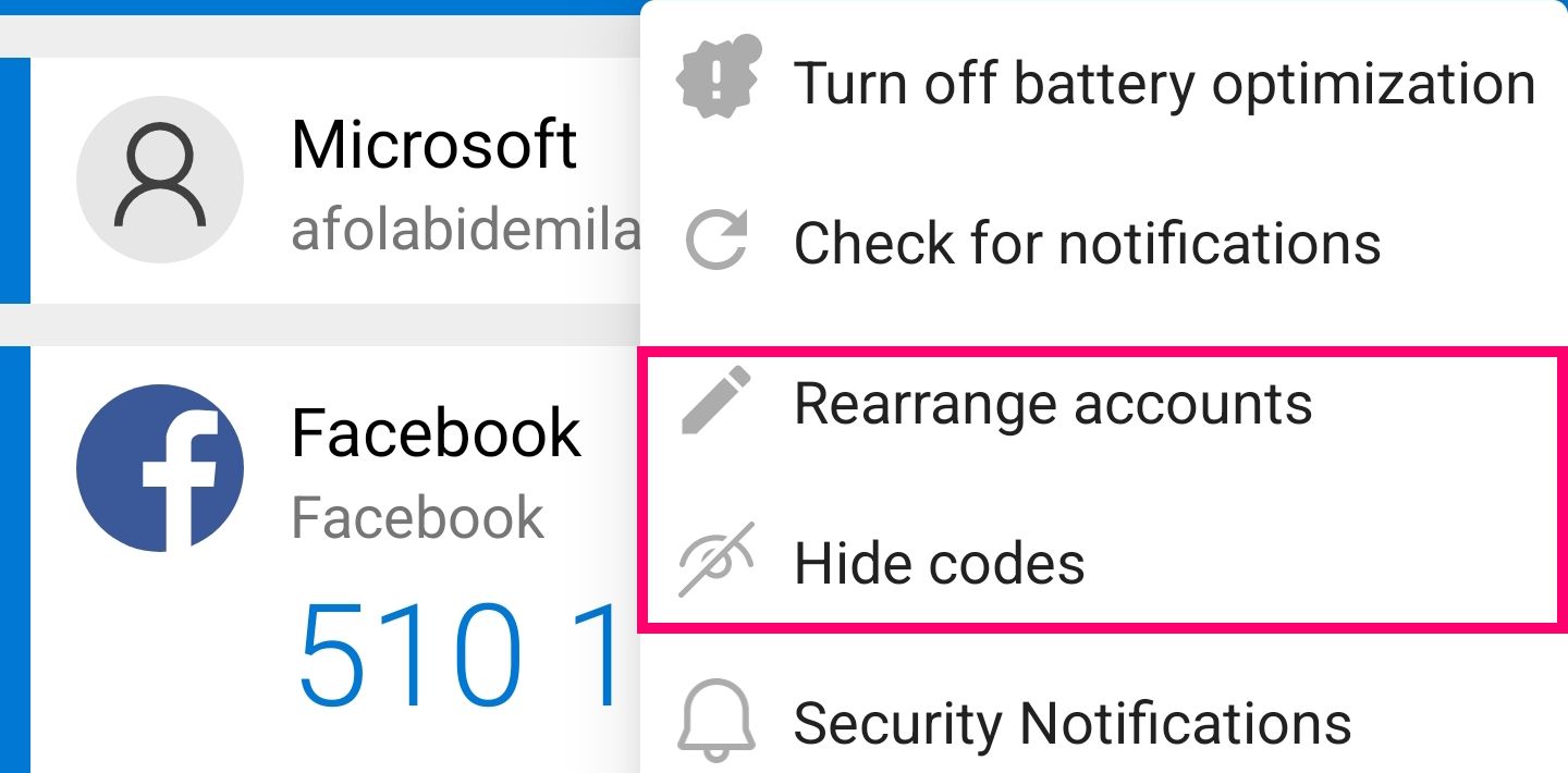 Screenshot of Microsoft Authenticator rearrange and reorder options