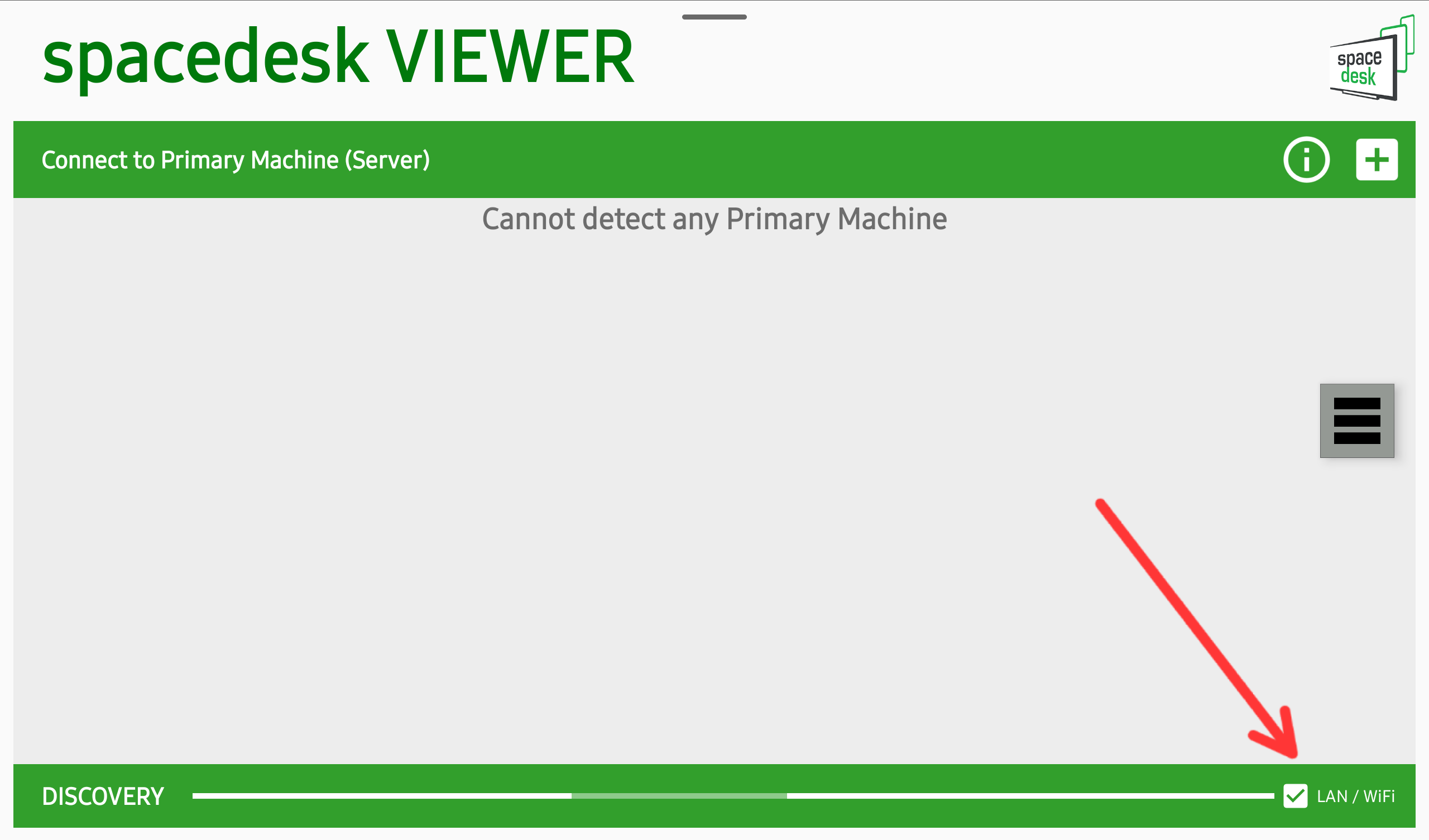 A red arrow pointing at the Spacedesk LAN/Wi-Fi button.