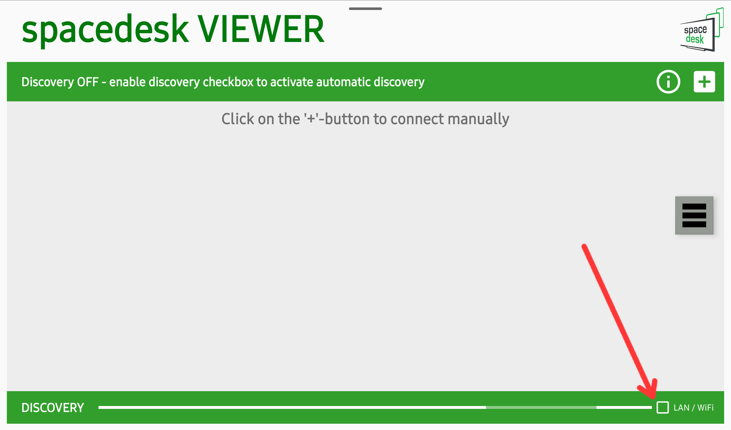 A red arrow pointing at the LAN/Wi-Fi button in Spacedesk Android.