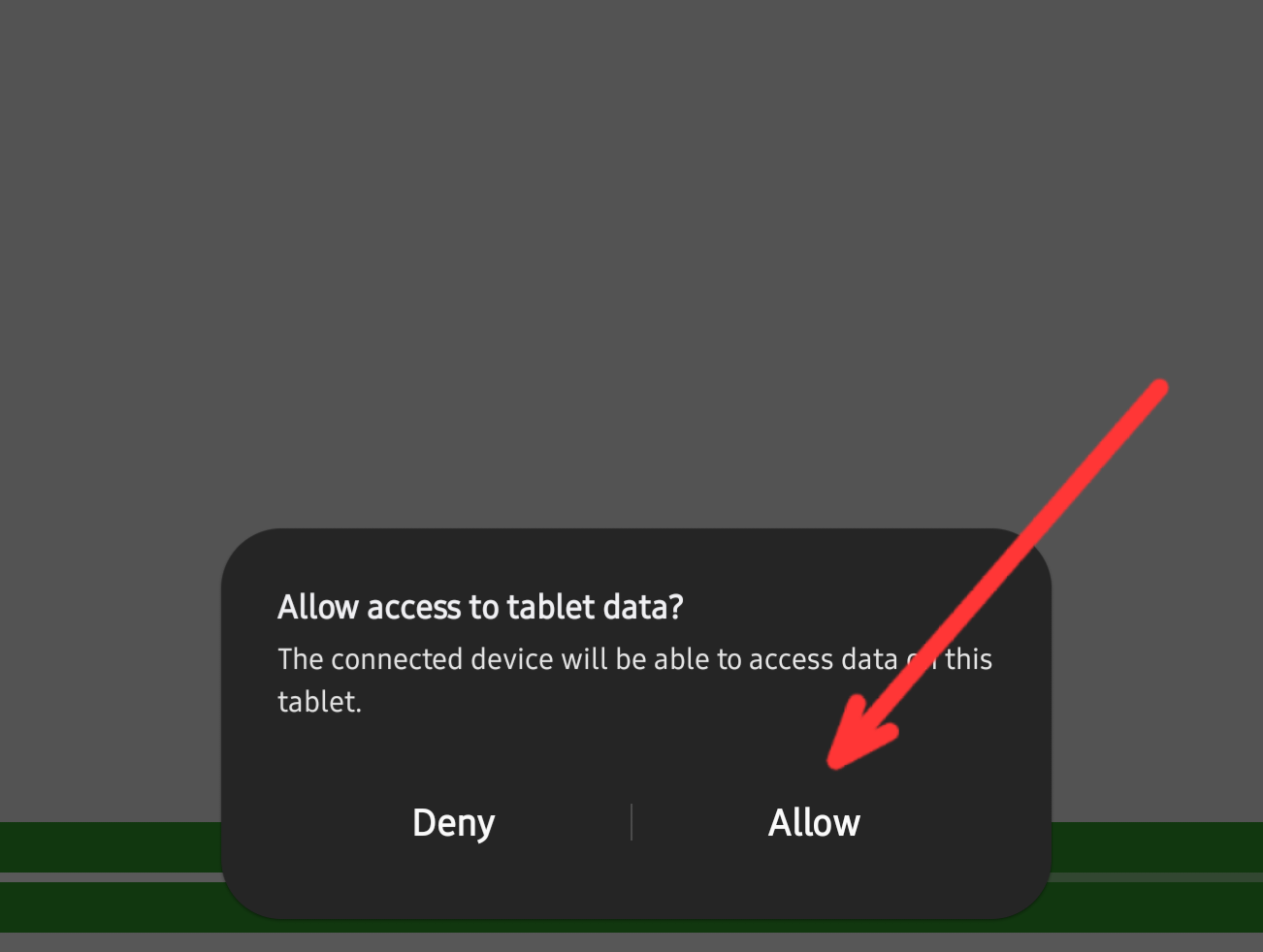 A red arrow pointing at the Allow button for data transfer.