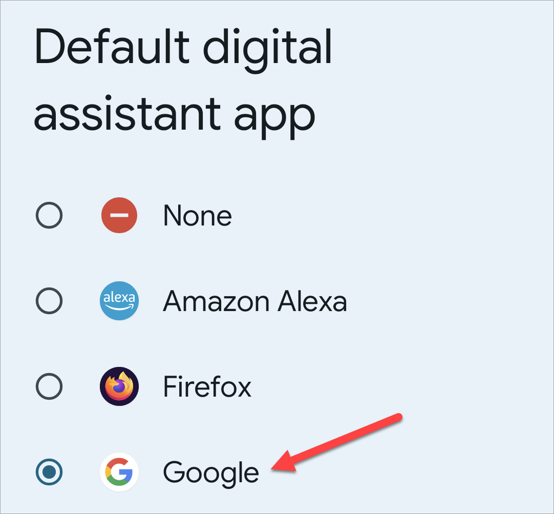 Choosing Google as the default assistant.